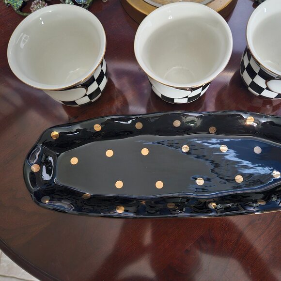 RARE 3 MACKENZIE CHILDS COURTLY CHECK BLACK TIE CERAMIC HERB POT CONTAINER TRAY - Picture 10 of 14